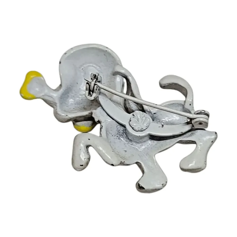 Vintage Dog w/ Bone Puppy Gray Yellow Enamel Metal Pin Brooch